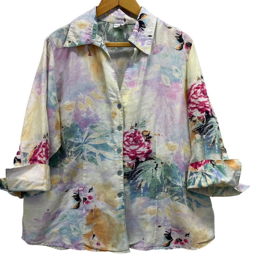 VTG 90s Harve Benard 1X Watercolor‎ Floral Print B Linen Blend Shirt Flip Cuff